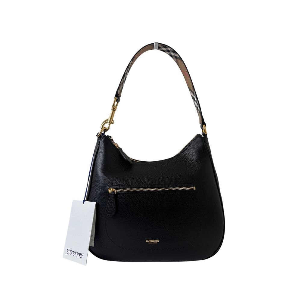 Sale ends 5/8 Burberry Black Pebbled Leather with Check Shoulder/hobo bag New